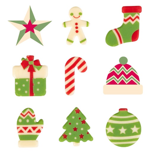 [08082103] 2013618 ASSORTIMENT CHOCOLADE KERSTDECORATIE ROOD/GROEN/WIT 135 STUKS