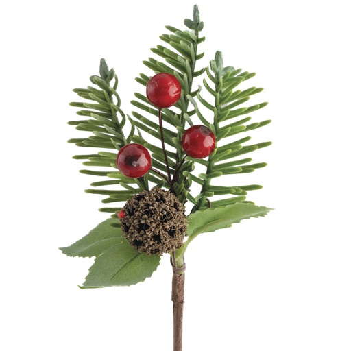 [00070656] SPRIG WITH PINECONE, FIR & RED BALLS H8CM