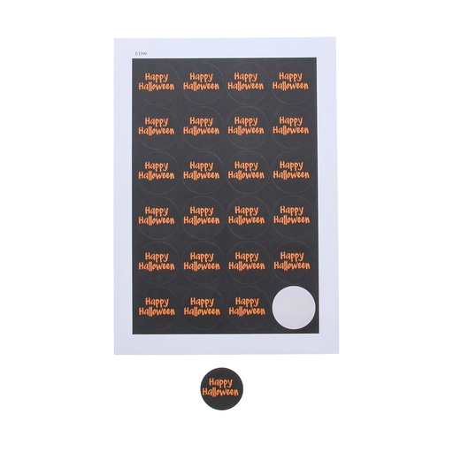 [00070667] AUTOCOLLANT 4CM "HAPPY HALLOWEEN" NOIR ET ORANGE 24PCS