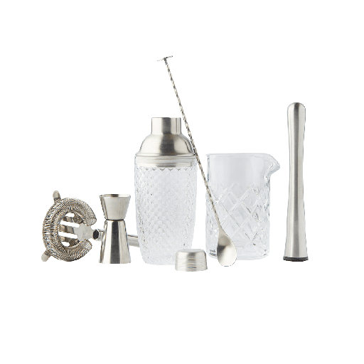 [00073356] POINT VIRGULE SET COCKTAIL 6P - SHAKER VERRE-CUILLERE-PASSOIRE-DOSEUR-PILON-MESURE VERRE