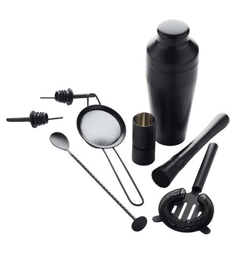 [00073360] POINT VIRGULE SET COCKTAIL NOIR 8P - SHAKER-CUILLERE-PASSOIRE COCKTAIL-DOSEUR-PILON-SET DE 2 DOSEURS-PASSOIRE***S/CD***