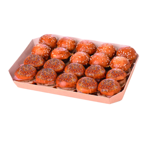 [00073902] ❄️BURGARD - DUO OF MINI PRETZEL BURGERS 20PCS: 10x PRETZEL BURGER BEEF/CHEDDAR/KETCHUP/MUSTARD - 10x POPPY PRETZEL BURGER CHICKEN/BACON/BBQ SAUCE SOLD ONLY BY PLATEAU OF 40PCS