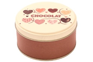 [00074132] CREAM METAL BISCUIT TIN WITH HEARTS "CHOCOLATE" DIAM 10CM H5CM