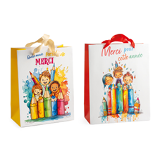[00074163] CARDBOARD BAG WITH SATIN HANDLES PENCIL/CHILD PATTERN 2 ASSORTED 18x8CM H22CM