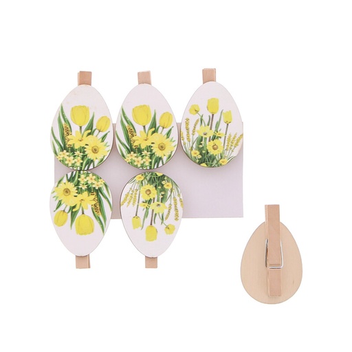 [00074522] WHITE/YELLOW EGG WOOD CLIP "BOUQUET" 6PCS 33 x 12MM H50MM