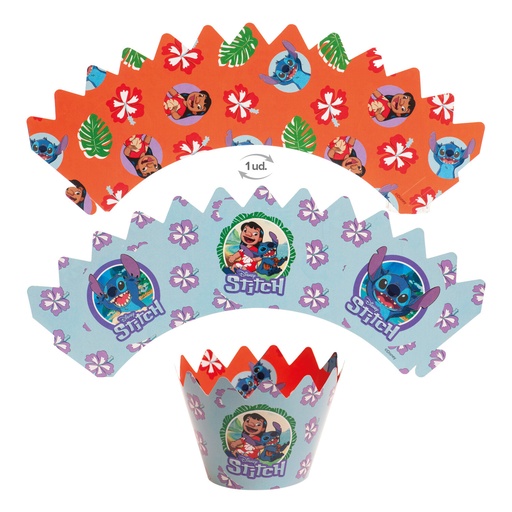 [00075577] STITCH CUPCAKE BAKPAPIER SET 12ST 5CM HT 6,5CM + 6 OMKEERBARE PRIKKERS 7CM HT 8CM