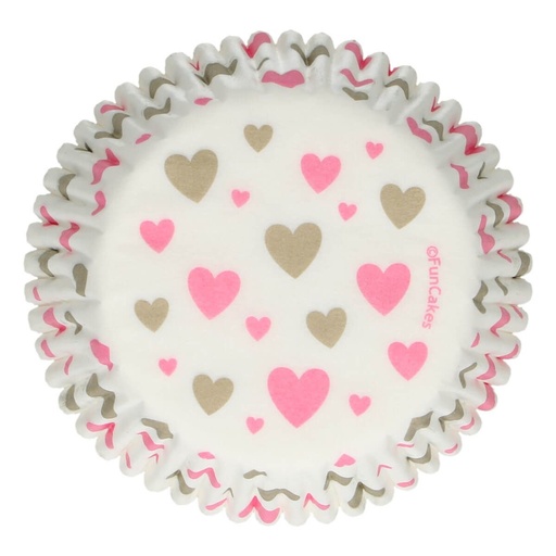 [08053737] FUNCAKES WITTE CUPCAKE VORM MET ROZE/GOUDEN HART 48 STUKS