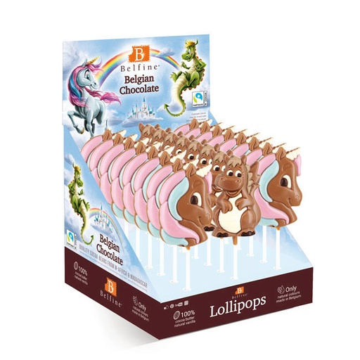 [13030382] SUCETTES EN CHOCOLAT 16 X LICORNE IMANE ET 8 X  DRAGONS ELIOT LAIT COLORE 24 X 35GR