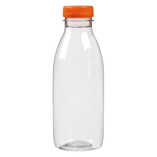 [60700603] 1000ML PLASTIC FLES MET TRANSPARANTE ORANJE DOP Ø8XHT24CM 6 STUKS
