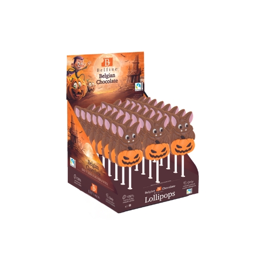 [15030684] HALLOWEEN CHOCOLADE LOLLY VICTOR VLEERMUIS OP POMPOEN MELKKLEUR 24X25GR