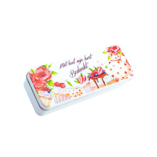 [61700504] METALEN DOOS CUPCAKES LOODGIETER “MET HEEL MIJN HART BEDANKT” 19X7XH4.2CM
