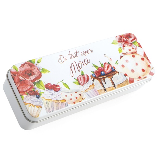 [61700503] METALEN DOOS POTLOOD CUPCAKES "DE TOUT COEUR MERCI" 19X7XH4.2CM