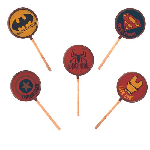 [08057259] 087034 PCB SUPERHERO LOLLIPOPS & STICKS 45 PACKS 5 DESIGNS Ø5.5CM 9PCS ***ON ORDER***