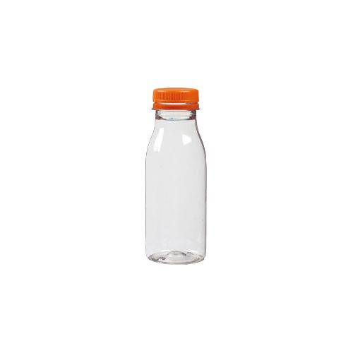 [60700600] 250ML PLASTIC FLES MET TRANSPARANTE ORANJE DOP Ø5,5XHT15,5CM 12 STUKS