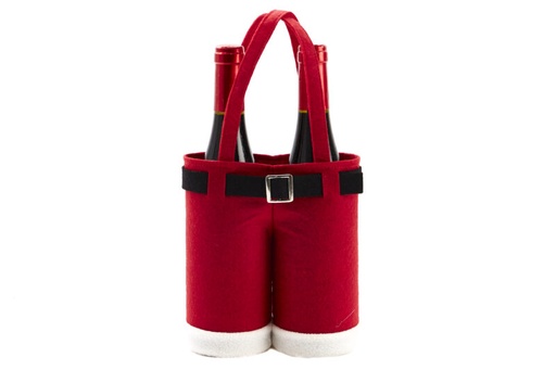 [62250624] SAC PANTALON EN FEUTRE ROUGE NOËL 2 BOUTEILLES DE VIN 20XH19CM