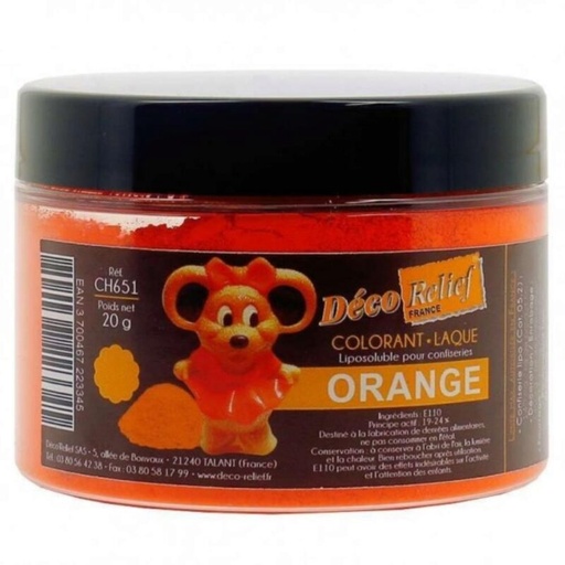 [70406959] COLORANT LAQUE EN POUDRE POUR CHOCOLAT ORANGE E129- E102 20GR