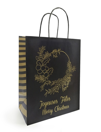 [41603127] SAC PAPIER KRAFT NOIR "COURONNE" JOYEUSES FÊTES 26X12X32CM 50 PCES