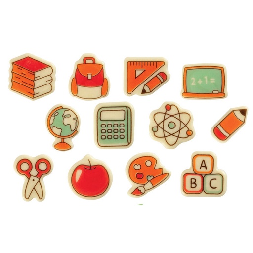[08054319] *FF*+ 2067104 ASSORTIMENT PLAQUETTE THÈME ÉCOLE CHOCOLAT BLANC 4CM 120 PCES