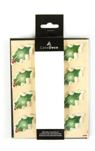 [08054213] 2039704 GROENE HULSTBLAD IN WITTE CHOCOLADE 4CM 12 STUKS
