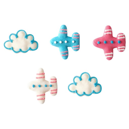 [08054271] 1051768 AVION & NUAGE 2D BLEU/ROSE/BLANC EN SUCRE 25MM  240 PCES ***S/CDE***