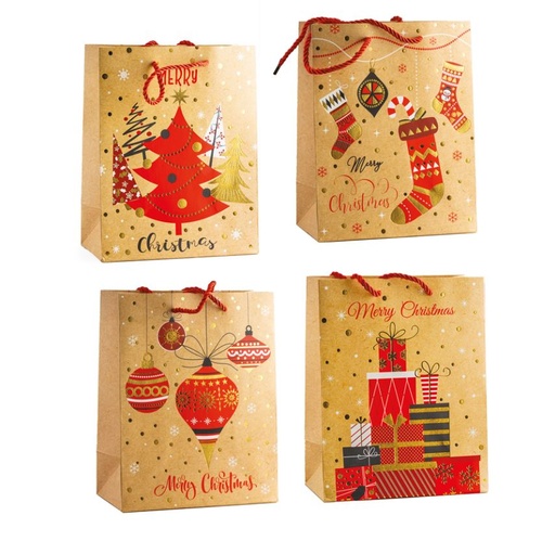 [62250642] SAC KRAFT NOEL MOTIFS ROUGES VARIABLES 18X10XH23CM