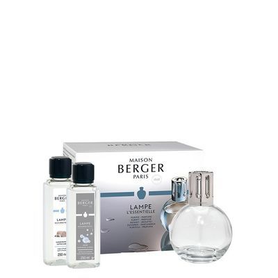 [74501017] LAMPE BERGER COFFRET ESSENTIELLE RONDE VERRE TRANSPARENTE + AIR PUR + CARESSE DE COTON