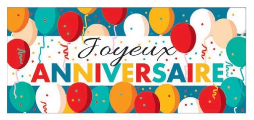 [08050460] 25432P RECTANGLE AZYME JOYEUX ANNIVERSAIRE AVEC BALLONS COLORE 105x45MM 24 PCES