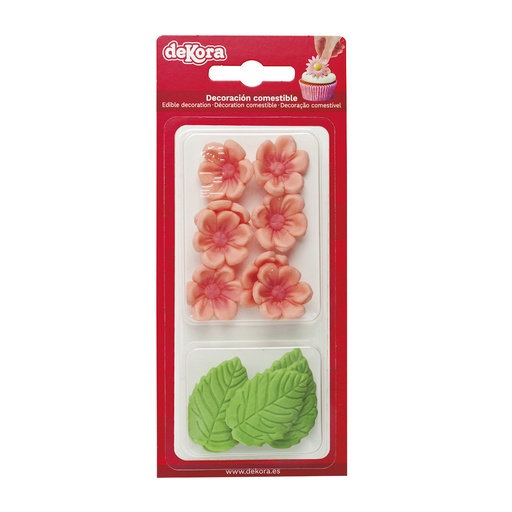 [08041095] 8 PINK FLOWERS AND 5 GREEN LEAVES IN SUGAR