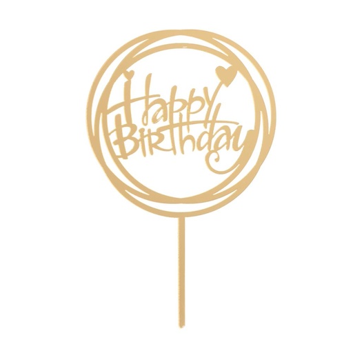 [08041533] TAARTTOPPER HAPPY BIRTHAY ROND GOUD 15.4X10CM