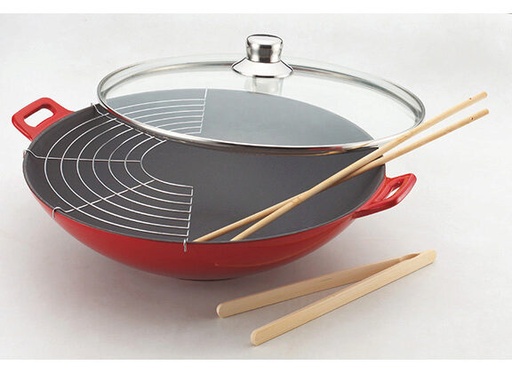 [60251719] BAUMALU WOK GIETIJZER 36CM ROOD MET GLAZEN DEKSEL **14/11**
