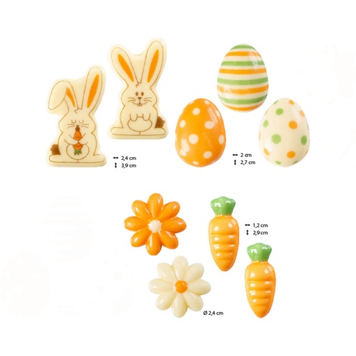 [08053924] 2069136 PAAS DECORATIE ASSORTIMENT KONIJNEN/EIEREN/BLOEMEN/WORTELEN WITTE CHOCOLADE 180 SETS STUKS
