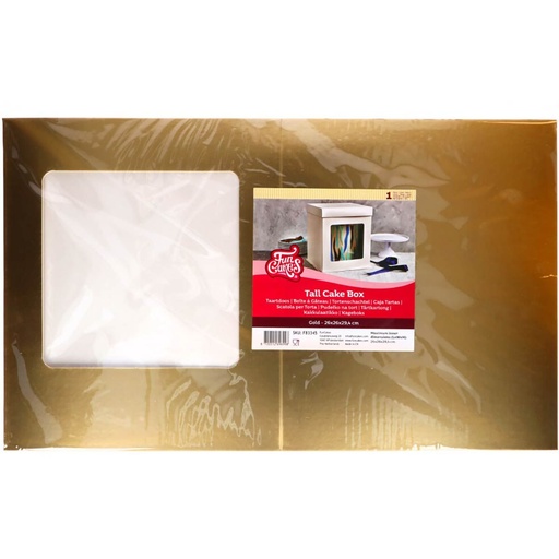 [08053794] FUNCAKES CAKE BOX 26X26X29.4CM GOLD WITH DISPLAY CASE