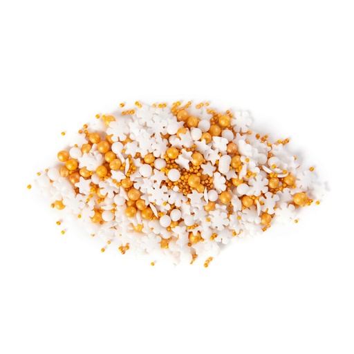 [08054497] 1061275 MIX KERSTDECORATIE SNEEUWVLOK/STER GOUD/WITTE SUIKER 500GR
