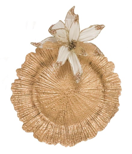 [62200012] ASSIETTE FLEUR LAQUE OR D/33CM EN MATIERE SYNTHETIQUE