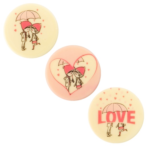 [08054578] 2068537 PLAQUETTE RONDE COUPLE LOVE 5CM CHOCOLAT 75PCES ***S/CD***