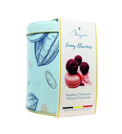 [11040274] BRUYERRE METAL BOX TRUFFLES RASPBERRY MACARON 100GR 8X100GR