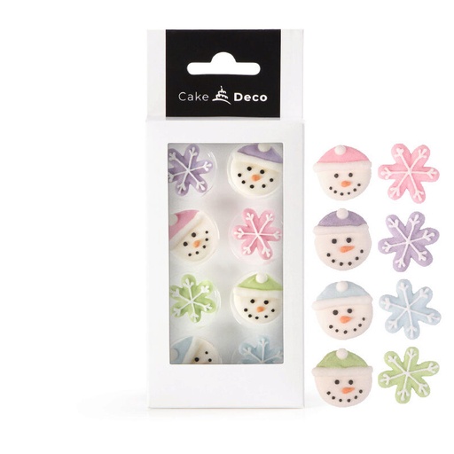 [08054182] *FF*1039411 DECORATION BONHOMME DE NEIGE & FLOCON 2D ENSUCRE Ø 25MM  12 PCES